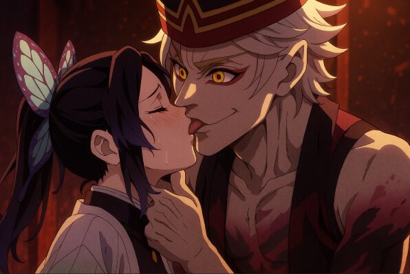 童磨がしのぶに向けた異常な恋心とキスシーンの狂気を描いた幻想的な1シーン
