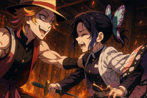 童磨としのぶが命を懸けてぶつかる最終決戦の一コマを切り取ったアニメスタイルのイラスト