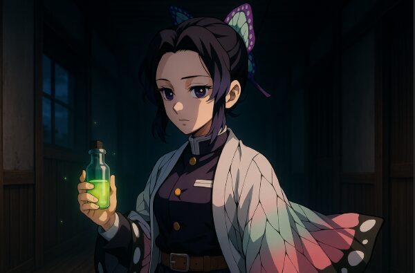 自身の体を毒に変えてまで童磨を倒す覚悟を秘めたしのぶの静かな決意を描いた一枚