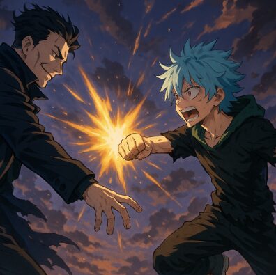 若返ったオールフォーワンとヒーローたちの最終決戦を描いたアニメ風イラスト