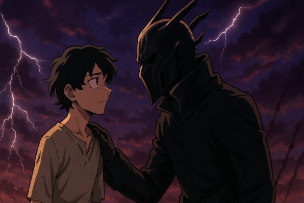 兄と弟が背を向け別の道を歩む様子を描いた感情的なアニメ風イラスト