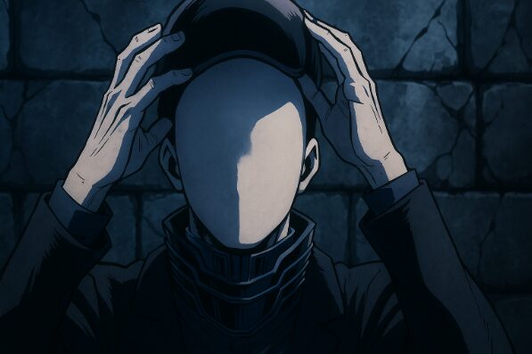 仮面をつけたオールフォーワンの謎めいた姿を描いたアニメ調イラスト