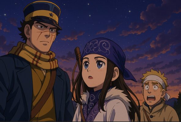 アニメ調で描かれた主人公たちが壮大な雪原に立ち、物語の再開を静かに待つ幻想的なシーンのイラスト