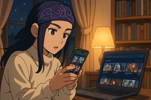 アニメ風の青年が複数の配信サービスを比較検討している近未来的な情報画面のイラスト