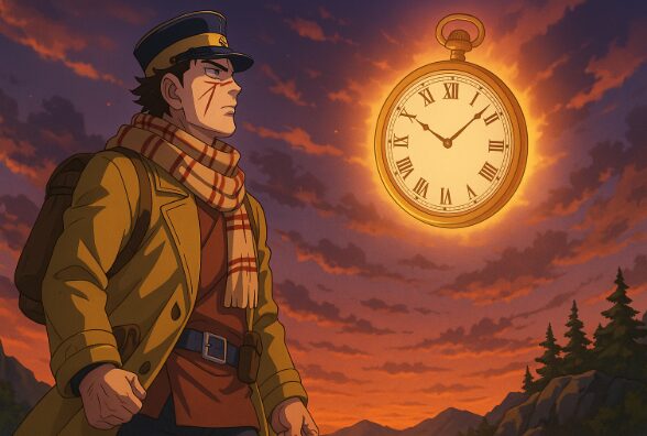 アニメ風の夜明けの空を背景に、放送を待つキャラクターが遠くを見つめる幻想的なイラスト