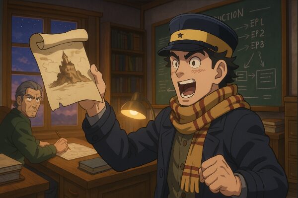 アニメ調で描かれた制作会議風景、制作スタッフがスケジュールを話し合うシーンのイラスト