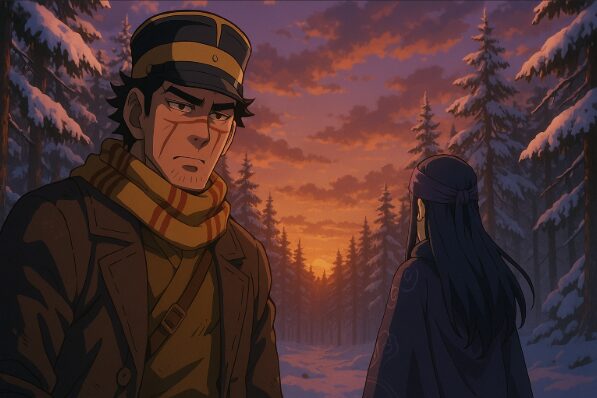 物語の終焉を予感させる夕焼け空の中、決意を抱く二人のキャラクターが立つアニメ風イラスト