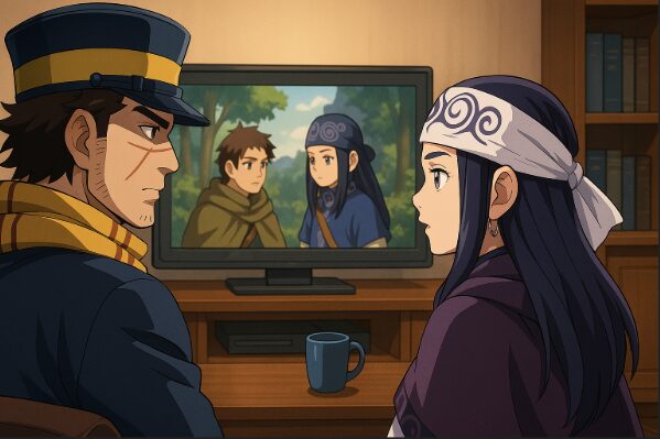 アニメ風の人物がリビングでテレビと配信端末を操作している視聴シーンのイラスト