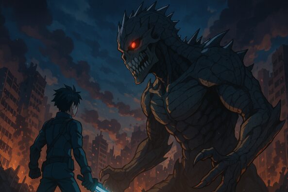 怪獣8号が登場する迫力ある変身バトルシーンを描いたアニメ風イラスト