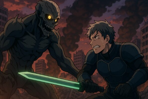 怪獣8号と怪獣9号の戦闘シーン。都市を舞台にしたアニメ調のバトル描写が物語の核心と読者の評価を象徴している。