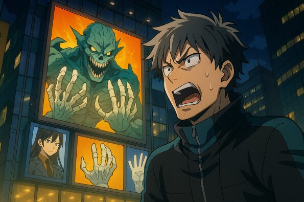 怪獣8号アニメのキャラデザとゴリ押し批判を反映した若者の反応を描く都市夜景のアニメ風イラスト