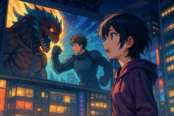 アニメ『怪獣8号』第2期の放送決定を前に、巨大スクリーンに映し出された怪獣と主人公の戦闘シーンを見つめる若者の姿。都会の夜景と熱いバトル演出が印象的なイラスト。