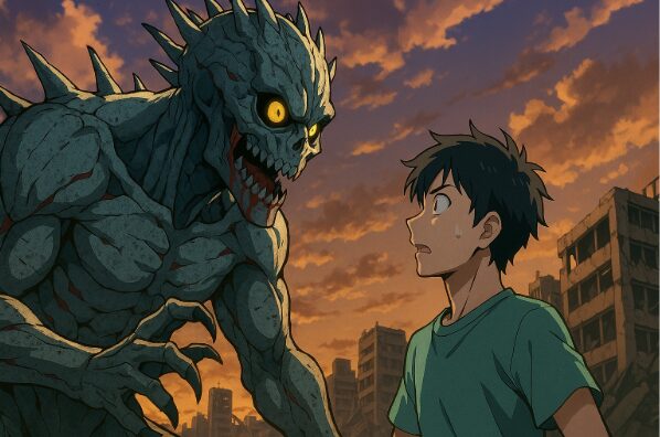 怪獣8号のグロテスク描写と主人公カフカの対峙シーンを描いたアニメ風イラスト