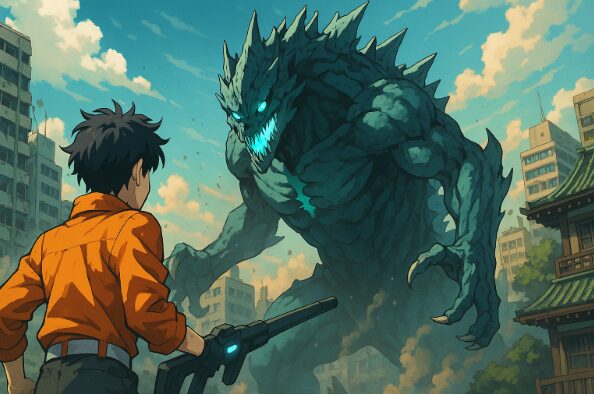 『怪獣8号』のあらすじを描く、怪獣大国日本で戦う主人公カフカと巨大怪獣の迫力あるアニメ風イラスト