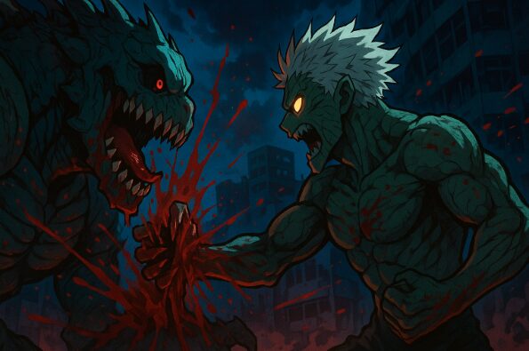 怪獣8号のグロテスクな戦闘シーンを描いたアニメ風イラスト。流血表現と迫力ある戦いがリアルに描かれており、グロさの程度を視覚的に表現している