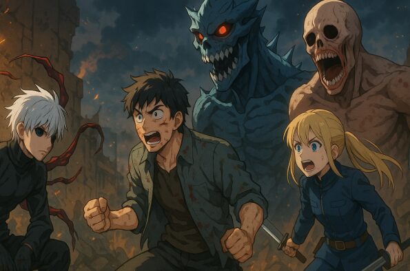 怪獣8号と東京喰種・進撃の巨人のキャラクターが集結し、激しい戦闘の直前ににらみ合うアニメ風バトルシーンの比較構図
