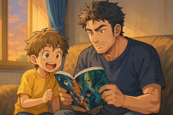 『怪獣8号』を読む小学生と主人公のイメージが共演するアニメ風の年齢層向けイラスト