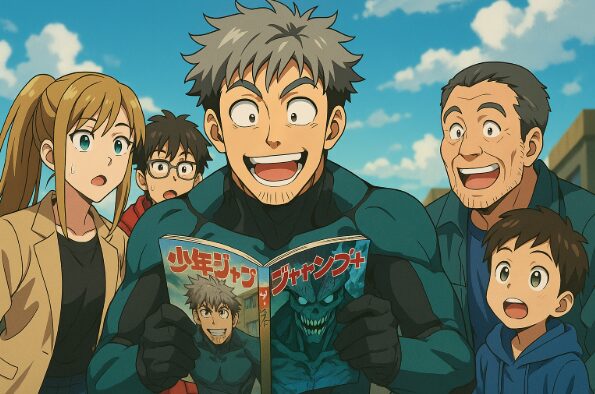 少年ジャンププラスで人気を集める怪獣8号の読者層を表現したアニメ調イラスト。子どもから大人まで幅広いファン層が登場キャラクターと共に雑誌を楽しむシーン。