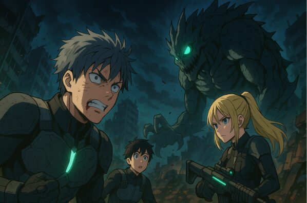 『怪獣8号』の未来と魅力を描くアニメ風イラスト―主人公と仲間が怪獣との戦いに臨む姿を通じて今後の展開を予感させる場面