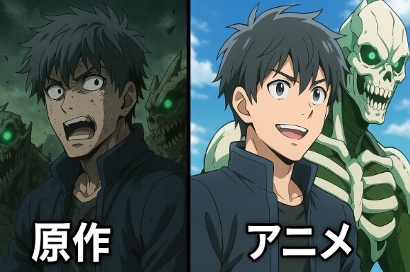 怪獣8号の原作とアニメ版のビジュアル比較。キャラクターデザインと雰囲気の違いを表すイラスト。