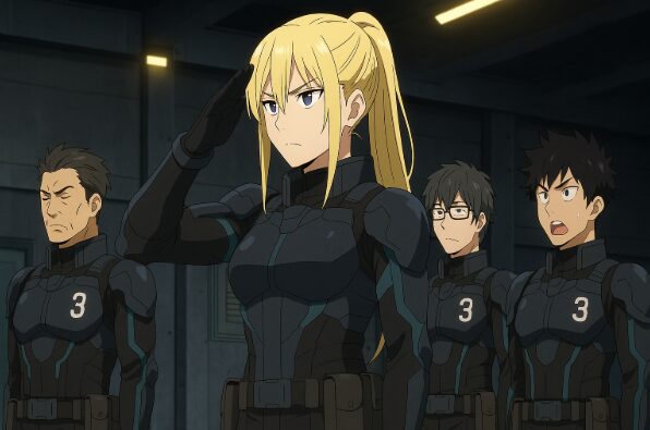 日本防衛隊の隊員が整列して敬礼するシーン。アニメ『怪獣8号』における「了」の使用と組織文化の雰囲気を象徴する軍事的な場面。