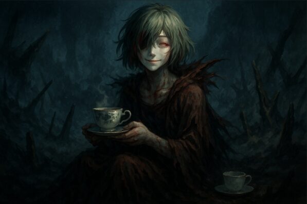 エトの微笑みとコーヒーカップが象徴する死と余韻を表現したイラスト