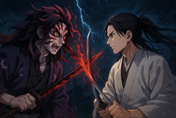 黒死牟と縁壱が激しく対峙する戦闘前の緊迫したシーンを描いたアニメ調イラスト