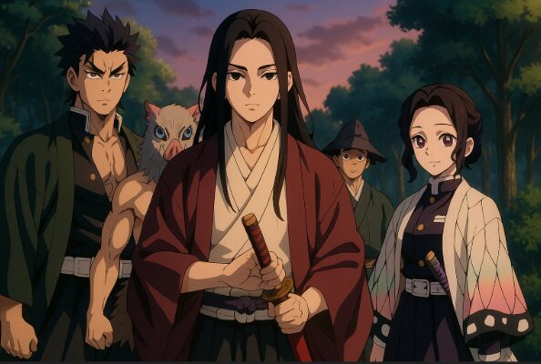 鬼殺隊の剣士たちと継国縁壱が共に描かれたアニメスタイルの集合絵
