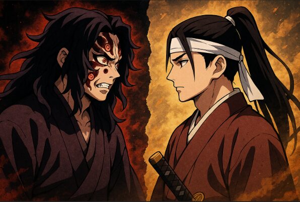 黒死牟と縁壱が背中合わせに佇む象徴的なアニメ風シーン
