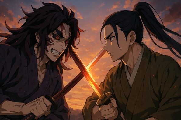 黒死牟と継国縁壱が剣を交えるアニメ調の激しい戦闘シーン