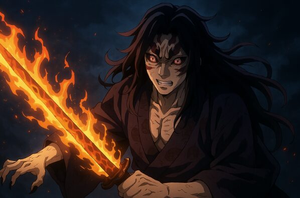 血鬼術と月の呼吸を駆使する黒死牟のアニメ風戦闘描写イラスト