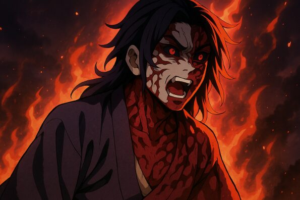 鬼舞辻無惨と対峙する前の苦悩する黒死牟のアニメ風イラスト