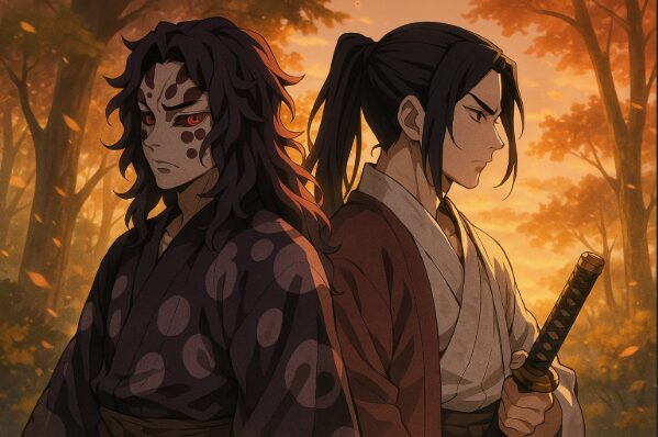 黒死牟と縁壱が過去を回想するようなアニメスタイルの印象的な場面